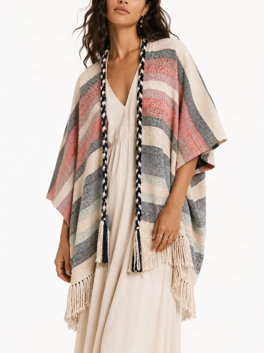 Ulla Johnson 100% Cotton Handmade Striped Ruana Poncho One Size Coastal Boho